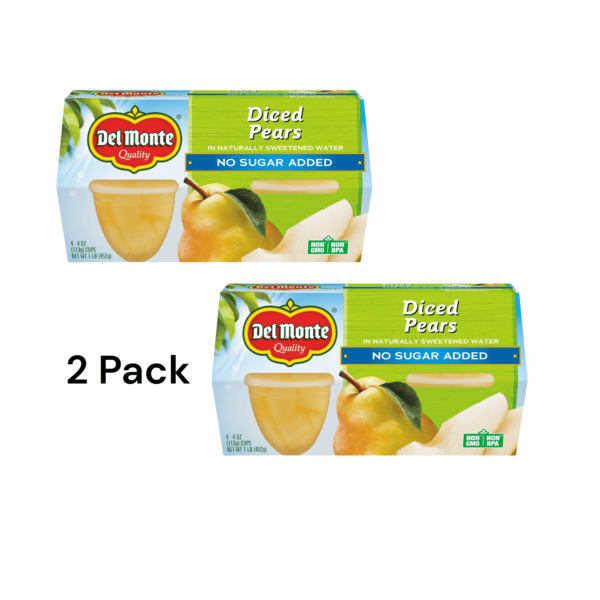Del Monte Diced Pears Fruit Cup Snacks. No Sugar Added. 2 Pack. 4 oz
