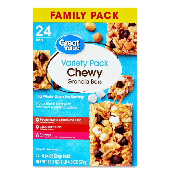 Great Value Chewy Granola Bars Variety Pack. Family Pack. 0.84 oz. 24 Count
