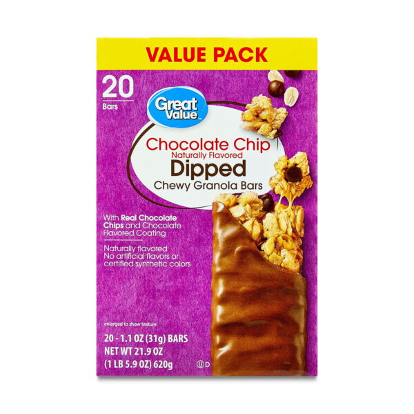 Great Value Chocolate Chip Dipped Chewy Granola Bars. 1.1 oz Paper Box. 20 Count