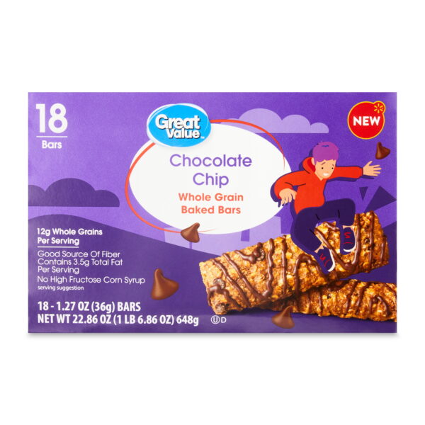 Great Value Chocolate Chip Whole Grain Baked Bars. 1.27 oz. 18 Count