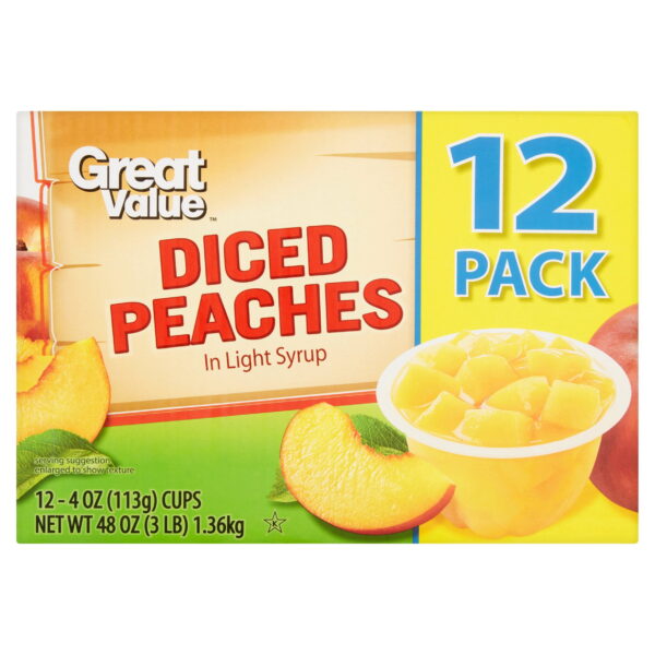 Great Value Diced Peaches in Light Syrup. 4 oz. 12 Count