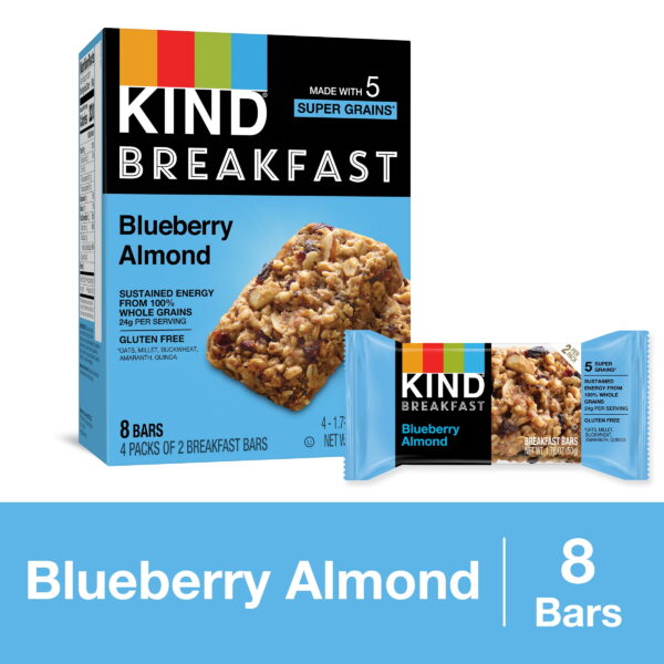 KIND Bars. Blueberry Almond Breakfast Bar. Gluten free. 1.76 oz. 8 Snack Bars