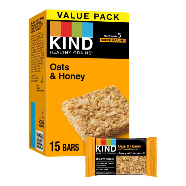 KIND Bars. Oats & Honey Healthy Grain. Gluten Free. 1.2 oz. 15 Snack Bars per box