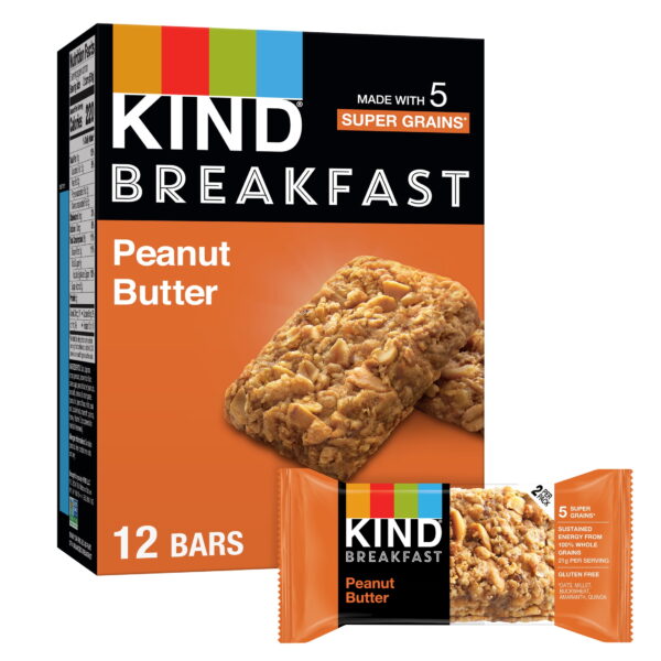 KIND Breakfast 100% Whole Grain Gluten Free Peanut Butter Snack Bars. 1.76 oz. 12 Count Box