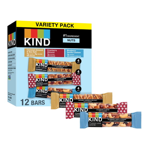 KIND Cranberry Almond. Caramel Almond & Sea Salt. Blueberry Vanilla Cashew Nut Bars. 12 Count