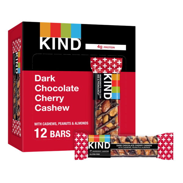 KIND Gluten Free Dark Chocolate Cherry Cashew Snack Bars. 1.4 oz. 12 Count Box