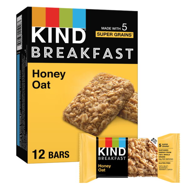 KIND. Gluten Free. Honey Oat. Breakfast Bars. 100% Whole Grains. 1.76 oz Packs (6 Count)