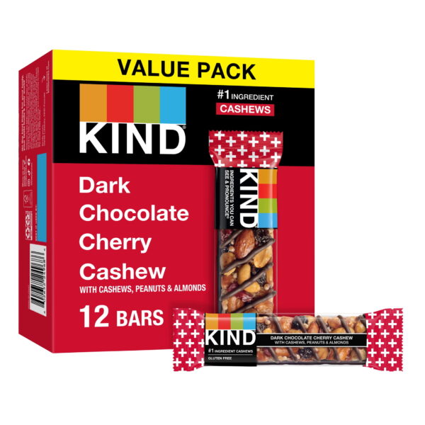 KIND Gluten Free Ready to Eat Dark Chocolate Cherry Cashew Snack. Value Pack. 1.4 oz. 12 Count Cardboard Box