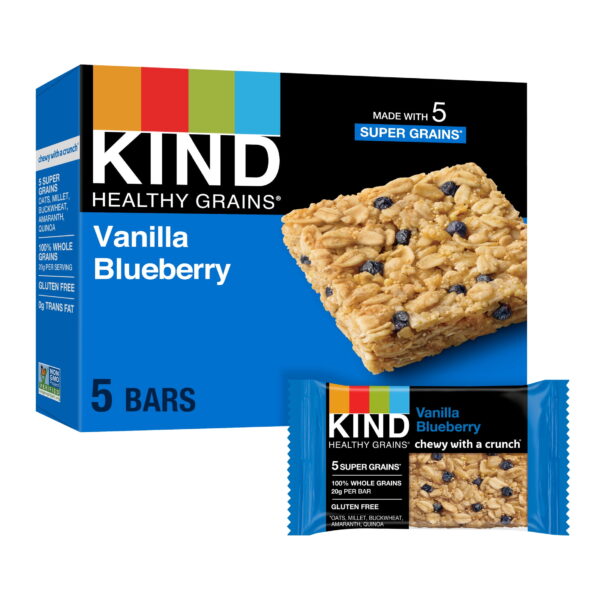 KIND Healthy Grains Gluten Free Vanilla Blueberry Snack Bars. 1.2 oz. 5 Count Box