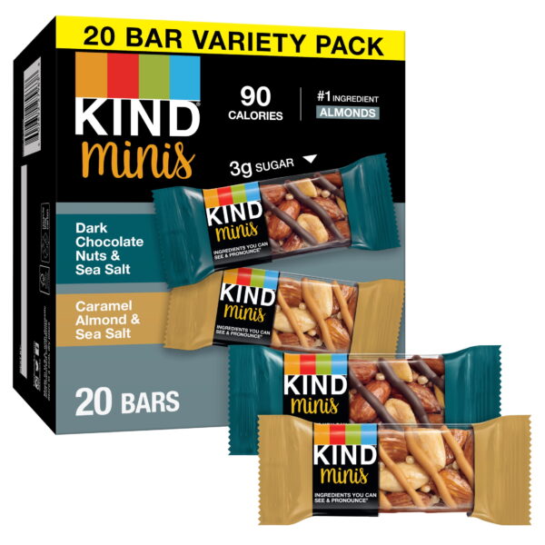 KIND Minis Dark Chocolate Nuts & Sea Salt. Caramel Almond & Sea Salt. Variety Pack. 0.7 oz. 20 Count Box