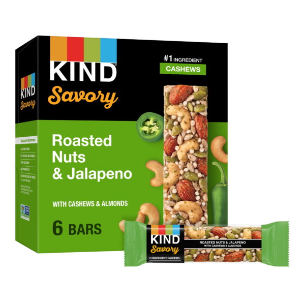 KIND Savory Nut Bars. Gluten Free Snacks. Roasted Nuts & Jalapeno. 8.4oz Box (6 Bars)