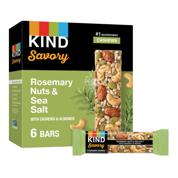 KIND Savory Nut Bars. Gluten Free Snacks. Rosemary Nuts & Sea Salt. 8.4oz Box (6 Bars)