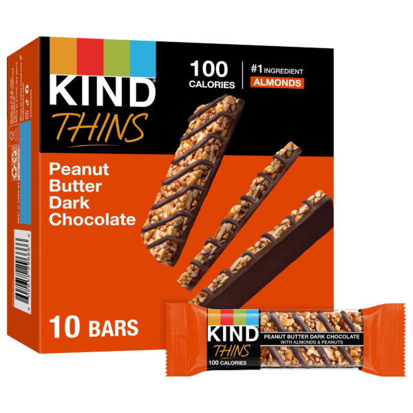 KIND Thins Gluten Free Peanut Butter Dark Chocolate Bars. 0.74 oz. 10 Count Box