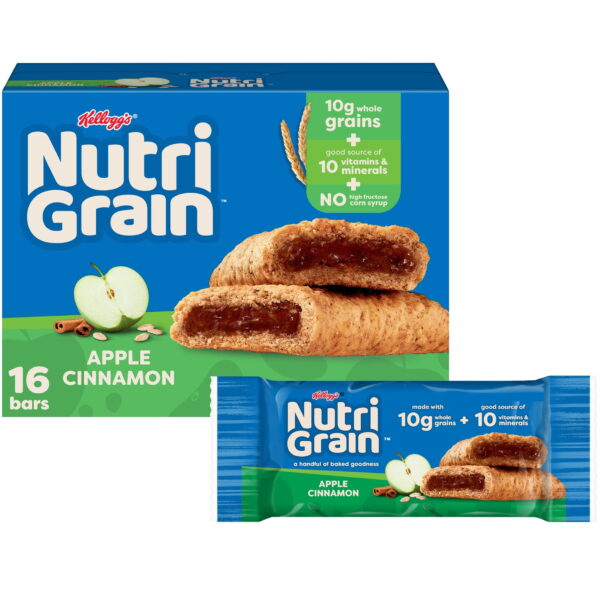 Kellogg's Nutri-Grain Apple Cinnamon Chewy Breakfast Bars. Made with 10g Whole Grains. 20.8 oz. 16 Count