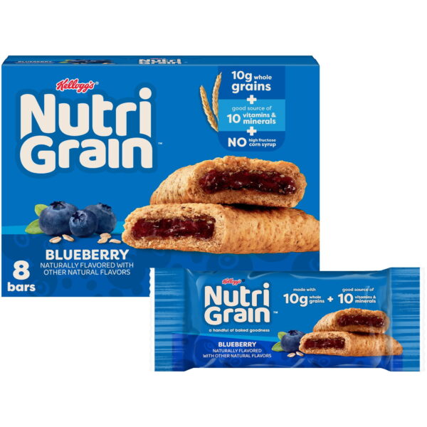 Kellogg's Nutri-Grain Blueberry Chewy Breakfast Bars. Made with 10g Whole Grains. 10.4 oz. 8 Count