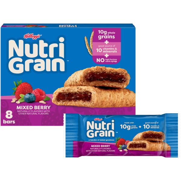 Kellogg's Nutri-Grain Mixed Berry Chewy Breakfast Bars. Made with 10g Whole Grains. 10.4 oz. 8 Count