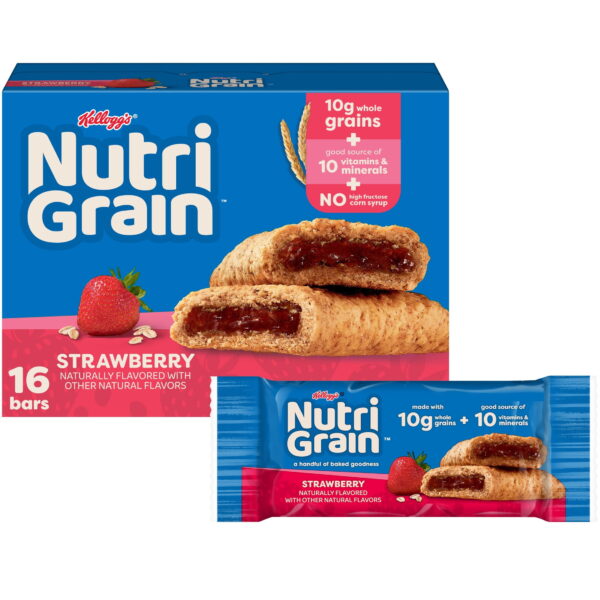 Kellogg's Nutri-Grain Strawberry Chewy Breakfast Bars. Made with 10g Whole Grains. 20.8 oz. 16 Count