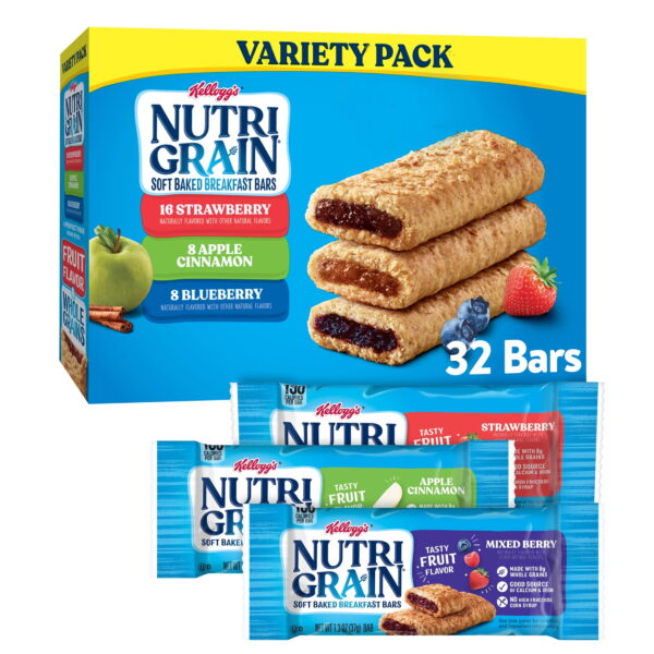 Kellogg's Nutri-Grain Variety Pack Chewy Soft Baked Breakfast Bars. Made with Whole Grains. 41.6 oz. 32 Count