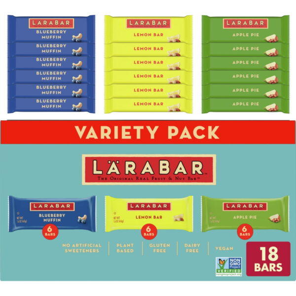 Larabar Variety Pack. Blueberry Muffin. Lemon Bar. Apple Pie. Fruit & Nut Bars. 18 ct