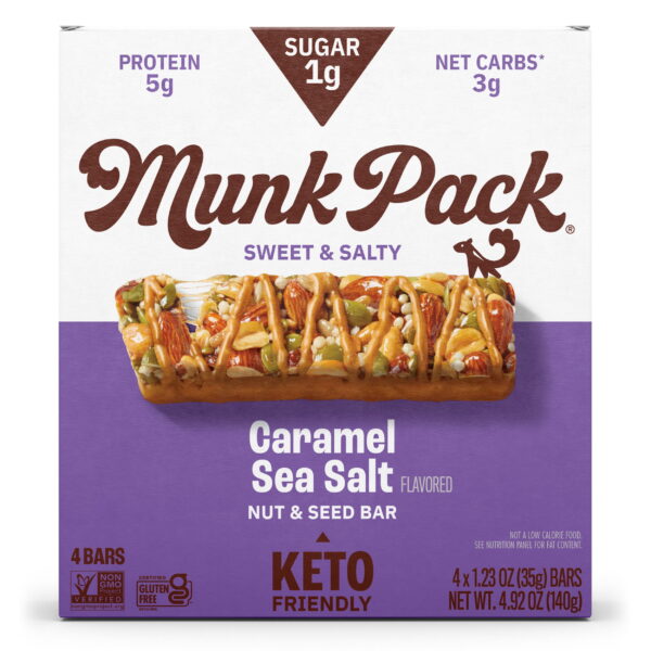 MUNK PACK 1g Sugar Nut & Seed Bars. Caramel Sea Salt - Low Carb Keto Bars. Low Sugar Snacks. Gluten Free - Box. 4 Count. 1.23oz