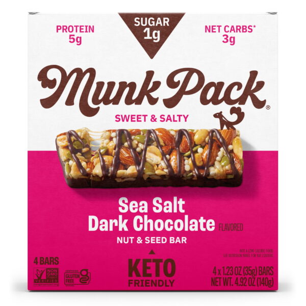 MUNK PACK 1g Sugar Nut & Seed Bars. Sea Salt Dark Chocolate - Low Carb Keto Bars. Low Sugar Snacks. Gluten Free - Box. 4 Count. 1.23oz
