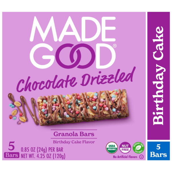 MadeGood Chocolate Drizzle Birthday Cake Flavor Granola Bars. 5 Count (0.78oz Each)