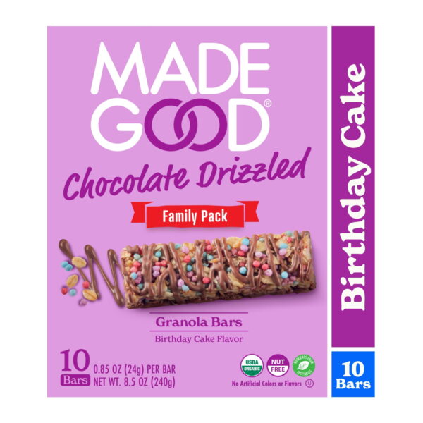 MadeGood Chocolate Drizzle Birthday Cake Granola Bars. 10 Snack Bars. 0.78 oz