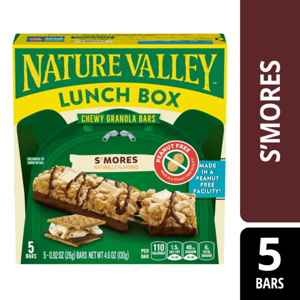 Nature Valley Lunch Box Chewy Granola Bars. S'mores. Peanut Free. 5 Bars. 4.6oz. Cardboard Box. New