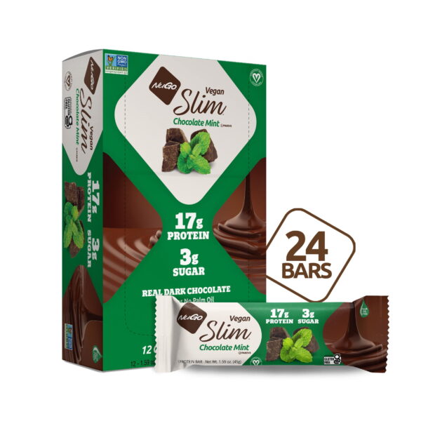 NuGo Slim Dark Chocolate Mint. 18g Vegan Protein. 3g Sugar. 6g Fiber. 180 Calorie. Low Net Carbs. Gluten Free. 24 Count