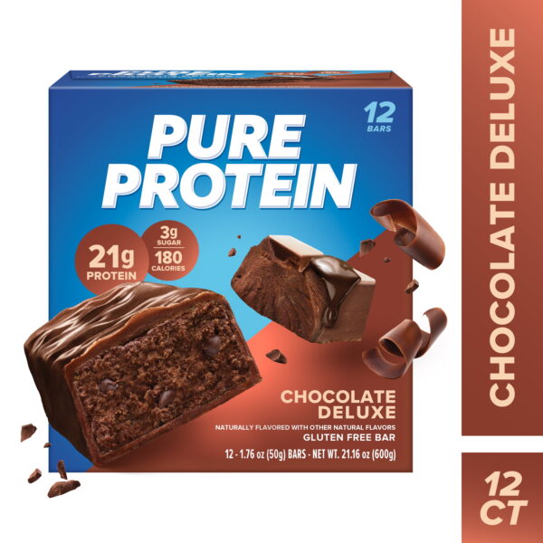 Pure Protein Bar. Chocolate Deluxe. 21g Protein. Gluten Free. 1.76 oz. 12 Ct