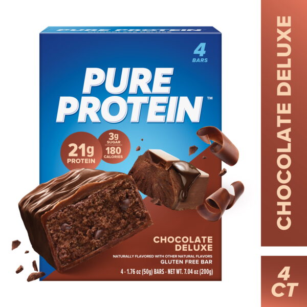 Pure Protein Bars. Chocolate Deluxe. 21g Protein. Gluten Free. 1.76 oz. 4 Ct