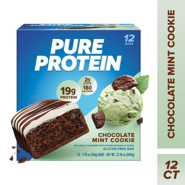 Pure Protein Bars. Chocolate Mint Cookie. 19g Protein. 1.76 oz. 12 Ct