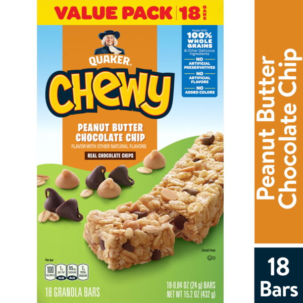 Quaker Chewy Granola Bar. Peanut Butter Chocolate Chip Flavor. 18 Count Granola Bars
