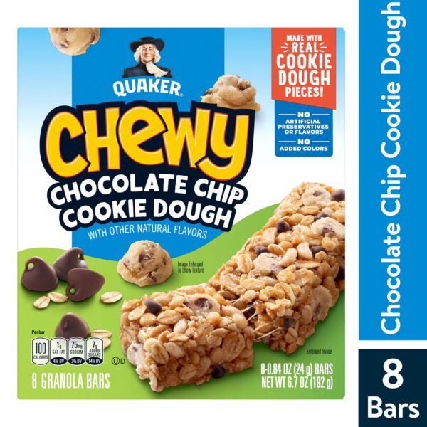 Quaker Chewy Granola Bars. Chocolate Chip Cookie Dough. 0.84 oz Bars. 8 Pack