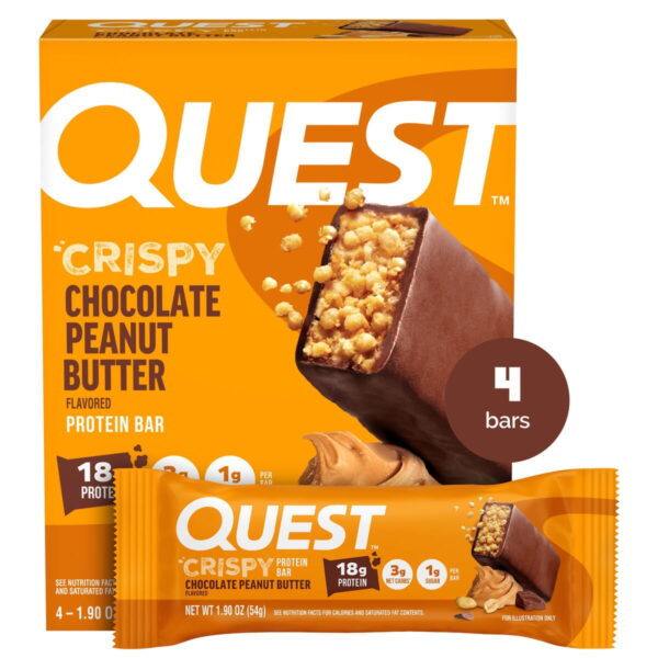 Quest Crispy Protein Bar. Chocolate Peanut Butter. 18g Protein. Gluten Free. 4 Count