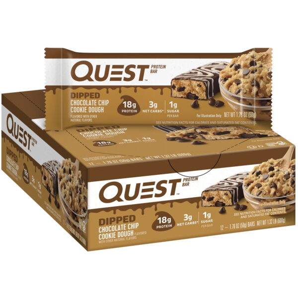 Quest Dipped Protein Bar. Chocolate Chip Cookie Dough. 18g Protein. Gluten Free. 12 Count