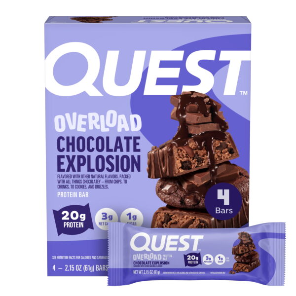 Quest Overload 20g Protein Bar. Chocolate Explosion Flavor. High Protein. Low Sugar. 4 Count