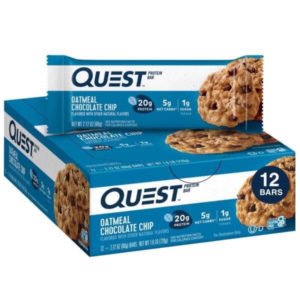Quest Protein Bar. 20g Protein Oatmeal Chocolate Chip. Gluten Free. 12 Count