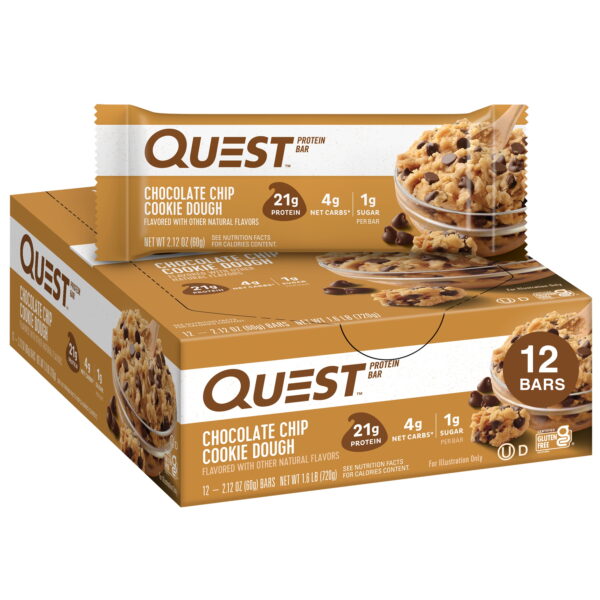 Quest Protein Bar. Chocolate Chip Cookie Dough. 21g Protein. Gluten Free. 12 Count