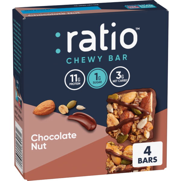 Ratio Chewy Protein Bar. Chocolate Nut. 11g Protein. Keto Friendly. 5.6 oz (4 Bars)