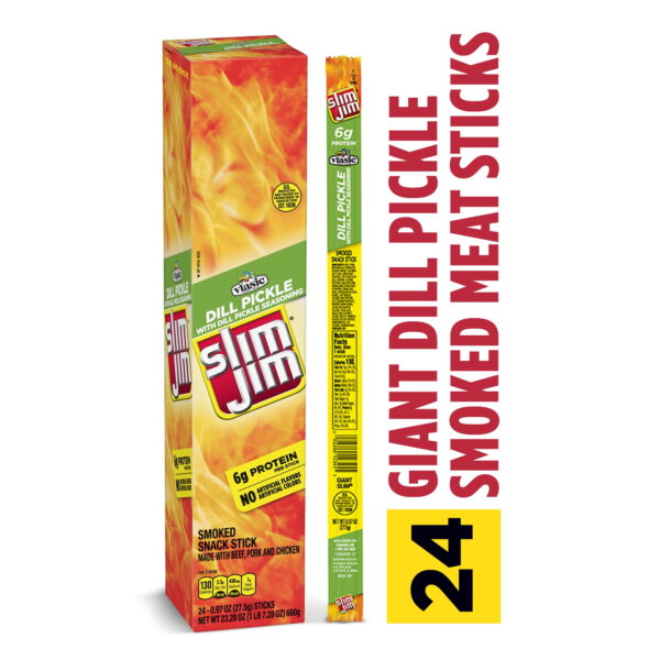 Slim Jim Palitos de Carne Ahumada con Pepinillos Gigantes 6 G de Proteína por Porción. 0.97 oz. 24 Unidades