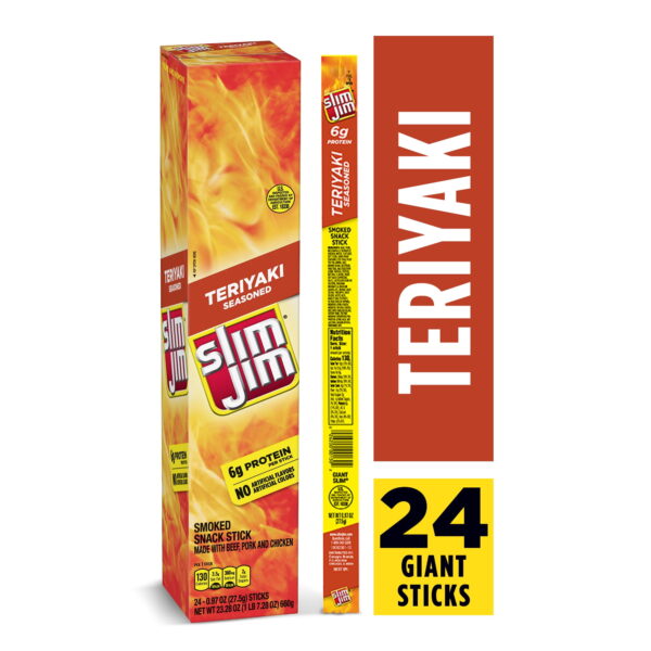 Slim Jim Giant Smoked Meat Snack Stick. Teriyaki Seasoned. 6g Protein Per Serving. 0.97-oz. Stick 24-Count