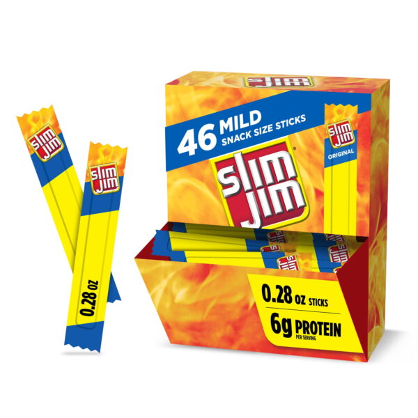 Slim Jim Smoked Meat Sticks. Mild Flavor. 6g Protein Per Serving. Snack Size. Camping Snack. 0.28 oz. (46 Count)