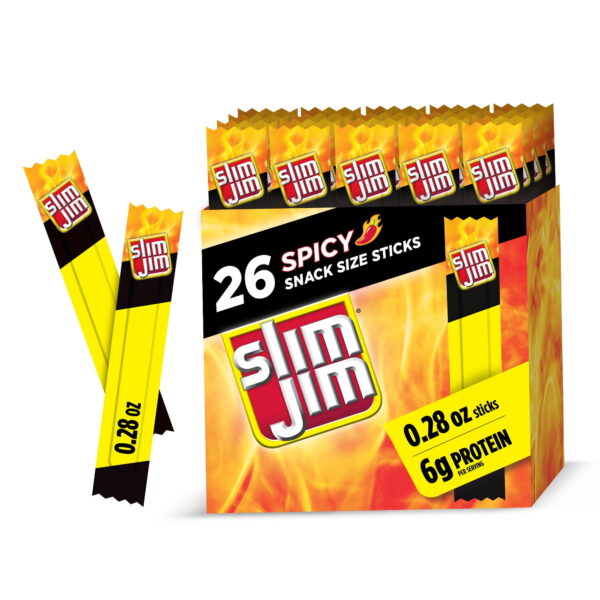 Slim Jim Smoked Meat Sticks. Spicy Flavor. 6g Protein Per Serving. Snack Size. Camping Snack. 0.28 oz. (26 Count)
