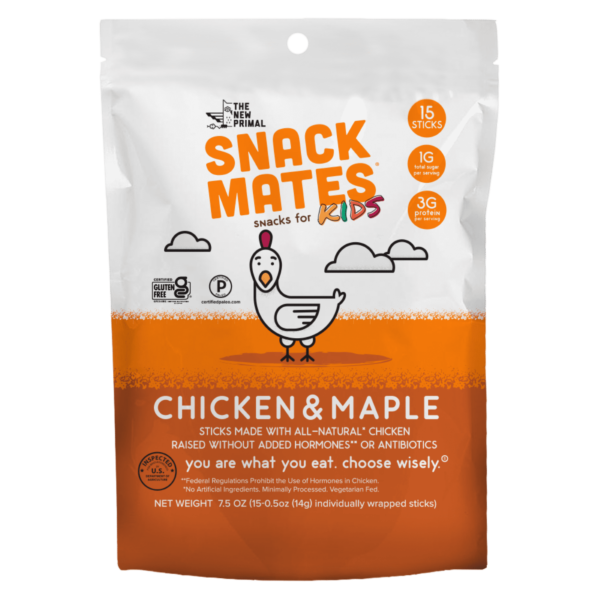 The New Primal Snack Mates Chicken & Maple Mini Meat Sticks. 15 Count - 0.5 oz Sticks